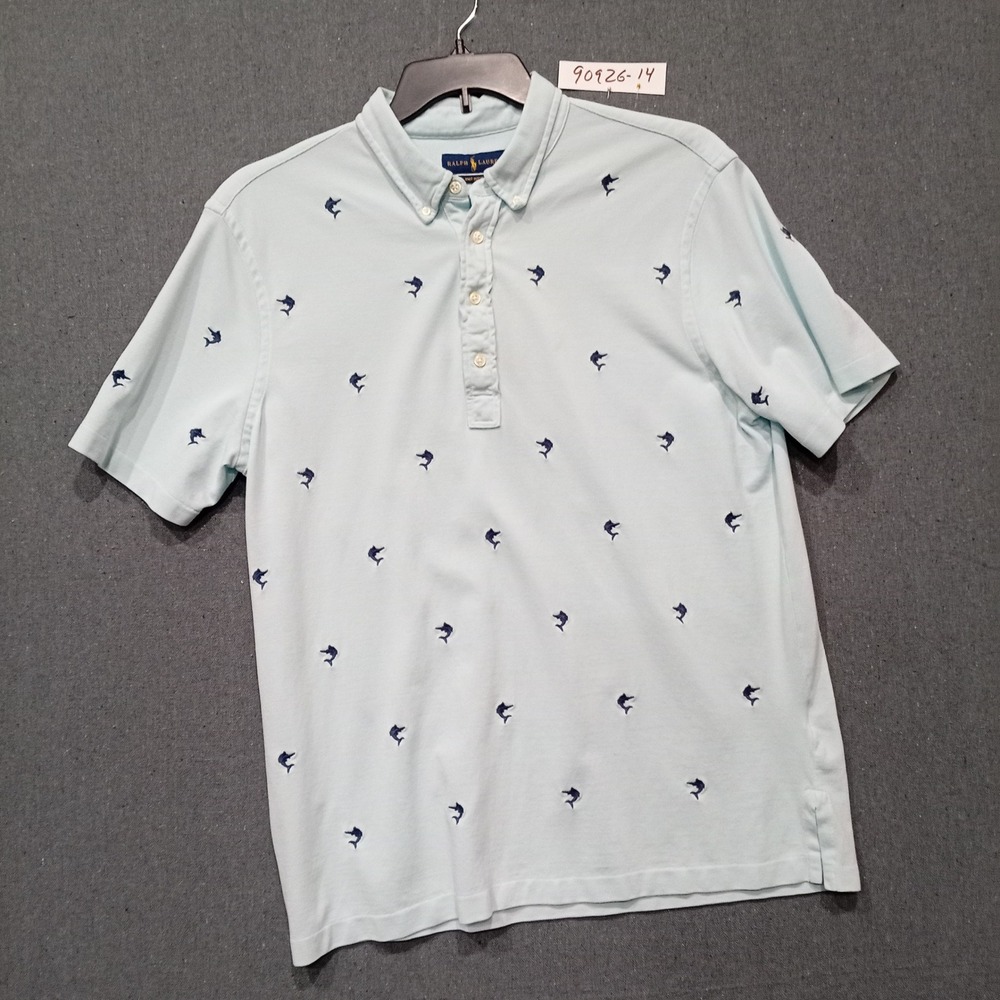 Ralph Lauren Mens XL Knit Oxford Polo Shirt Blue Marlin Fish AOP Short Sleeve